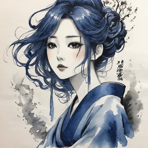 It's Halloween, and you want to create an eerie atmosphere. You decide to dye your hair with dark blue hair dye.,watercolor blue,geisha,geisha girl,mukimono,watercolor tea,japanese woman,kimono,japane