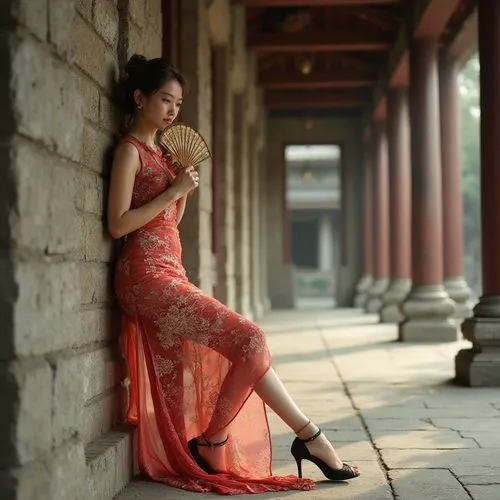 a woman in a red dress is leaning on the wall,oriental princess,girl in a long dress,oriental girl,evening dress,lady in red,man in red dress,red gown,a floor-length dress,girl in red dress,oriental,o