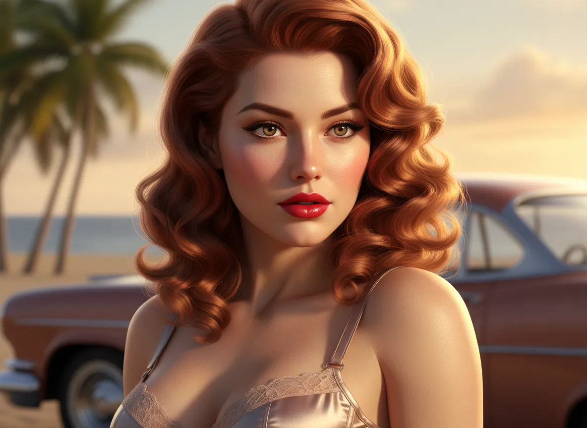 Un primo piano di un ritratto pin-up altamente dettagliato generato dall'IA, con focus sugli effetti di luce realistici su capelli e pelle.