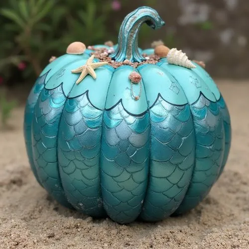 An enchanted mermaid pumpkin, painted with ocean waves and shimmering scales in turquoise and silver. Tiny seashells and starfish adorn the top, and the pumpkin rests on a bed of sand, giving a seasid