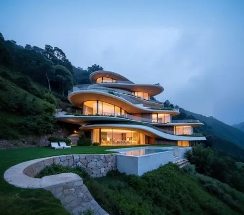 a house that is sitting in the grass,house in mountains,house in the mountains,dunes house,beautiful home,modern architecture,modern house,cantilevered,luxury property,luxury home,cube house,cantileve