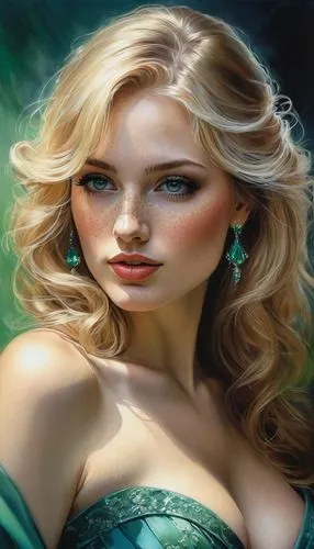 acrylic /  pencil drawing of a beautiful buxom 20s woman with freckles and long blonde hair, high cheek bones, slight  smile and sparkling green-blue eyes, smokey eye makeup, pouting lips, amazing bac