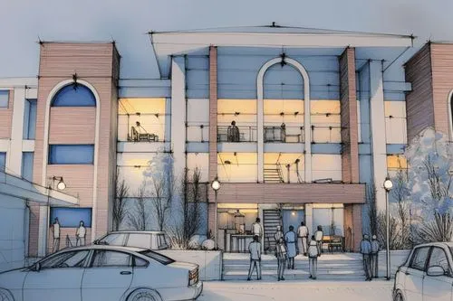 a rendering of a building with a few cars parked outside it,anadyr,tyumen,atyrau,aktobe,birobidzhan,kostanay,pavlodar,sketchup,abakan,uralsk,pechersk,revit,verkhoyansk,3d rendering,balashikha,gustov,v