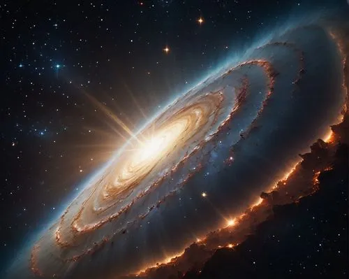 A vast expanse of space full of bright stars with a spiral galaxy at its center approached by a transport spaceship named Atilla,the very large spiral galaxy is in a distant field,spiral galaxy,galaxy