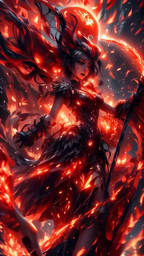 woman holding two swords in red and black fire,fire background,embers,lava,flame spirit,ablaze,dancing flames,lava flow,infernal,dragon fire,molten,lava river,fire devil,burning earth,incinerate,infer