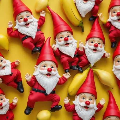 Small plastic dolls, with a plastic face of children's games, wearing yellow shirts, wearing red pants, wearing a red fabric hat - of gnomes, and wearing red shoes, sitting on a large yellow banana - 