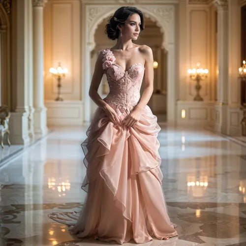 a woman in a light creme pink one-shoulder gown ,evening dress,a floor-length dress,peach rose,ball gown,ballgown,bridal gown,elegance,elegant,wedding gown,ballgowns,gold-pink earthy colors,couturier,