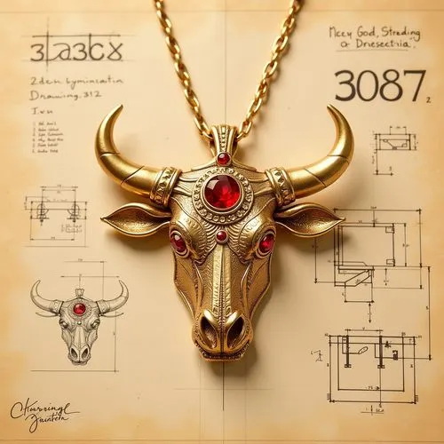 A gorgeous gold bull head pendant inlaid with red gemstones. The number 3087 is on it.with its delicate setting and elegant gems, surrounded by a background filled with sketches and notes on the conce
