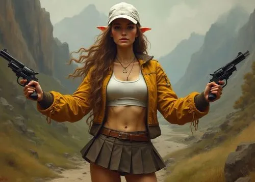 a woman holding two guns as she stands in the desert,girl with gun,girl with a gun,woman holding gun,croft,sci fiction illustration,world digital painting,holding a gun,fantasy art,fantasy picture,gun