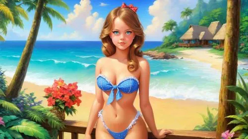 Romantic masterpiece oil painting, cute girl portrait, nostalgic 1950's style kitsch, vibrant rainforest bungalow landscape, lush tropical jungle paradise, summer beach scenery, by Thomas Kinkade, by 