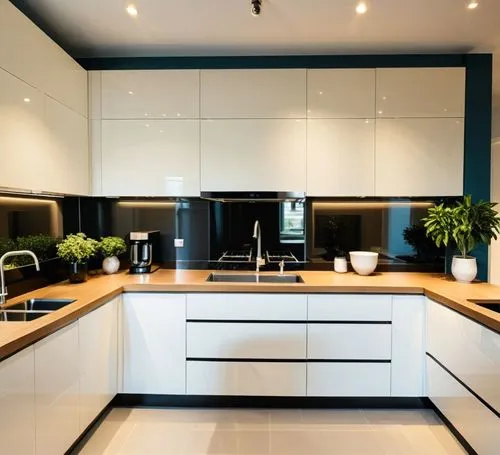 A modern and stylish kitchen featuring a warm combination of cream MDF and wood, creating a cozy and inviting atmosphere. On the right side, there is a double-bowl sink along with a built-in cooktop, 