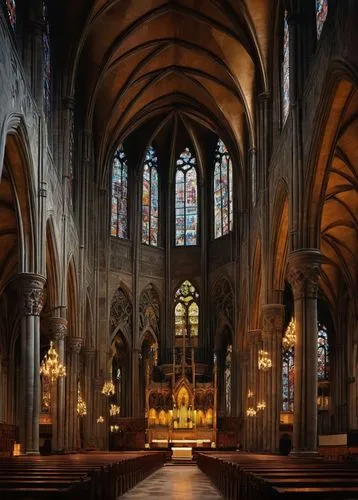 Gothic cathedral interior, grand high ceiling, intricate stone carvings, stunning stained glass windows, majestic organ pipes, dimly lit ambiance, warm candlelight, ornate wooden pews, mysterious shad
