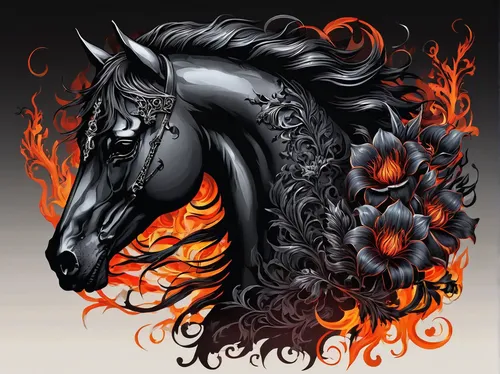 skull black horse fire flowers,black horse,fire horse,equine,painted horse,black dragon,arabian horse,horseman,unicorn art,warm-blooded mare,constellation unicorn,bay horses,equestrian,wild horse,the 
