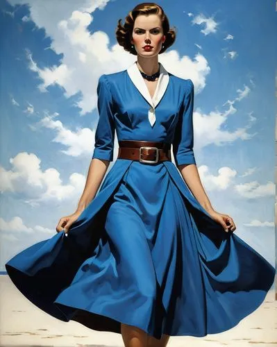 An enigmatic digital illustration: A woman with a vibrant blue dress, adorned in a black belt, and a white collar stands tall. Her gaze, directed sideways, adds mystery; her brown hair adds a splash o