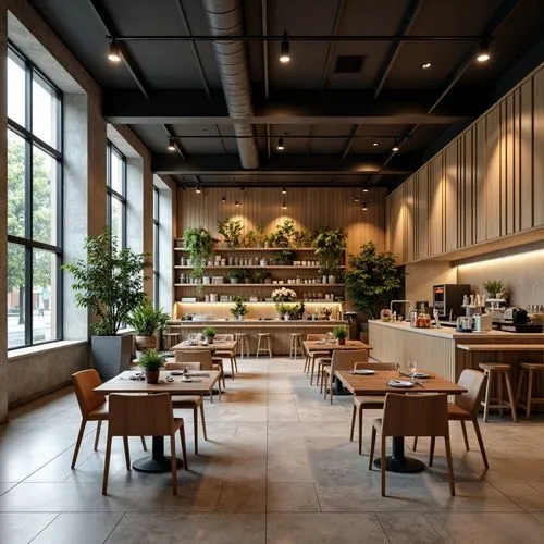 interior design for coffee bar on open area . middle space , sqare shape or u shape. modern and simple design. stright lines . servese from all diriction
,a room with several wooden tables and chair