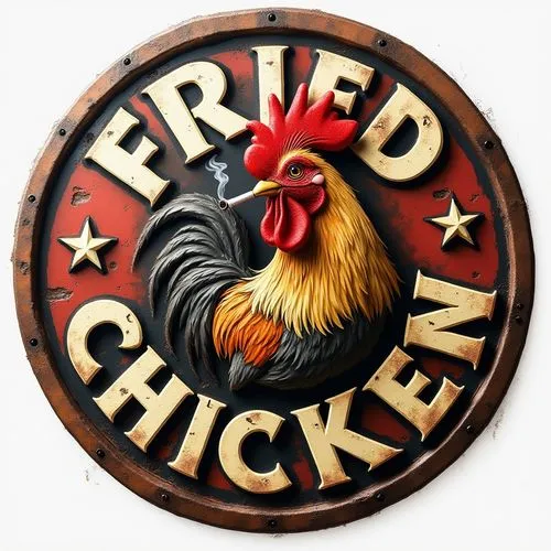 A circular metal sign with a 3D embossed effect, featuring a bold, detailed illustration of a rooster smoking a cigarette at the center. The text "FRIED CHICKEN" is prominently displayed in large, rai