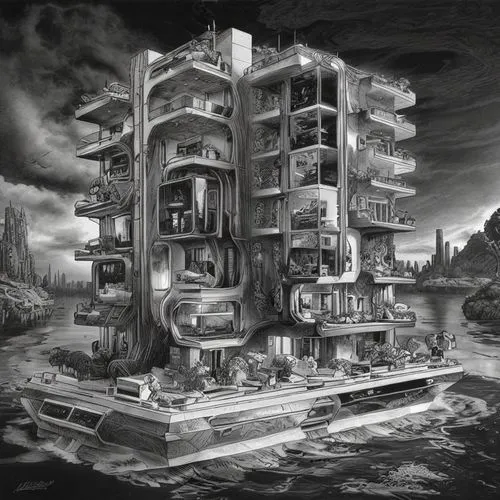 destroyed city,post-apocalyptic landscape,hashima,world digital painting,apocalyptic,post apocalyptic,post-apocalypse,dystopia,apartment block,gunkanjima,dystopian,apocalypse,pencil drawings,sci ficti