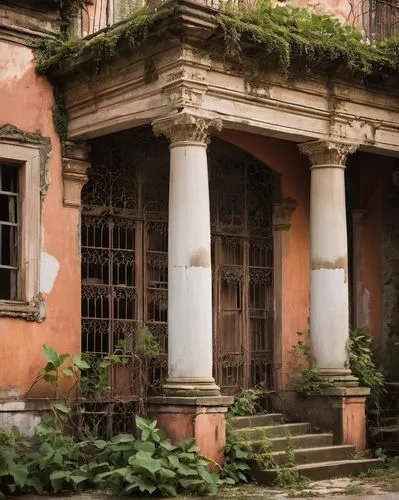 Abandoned savannah mansion, worn wooden doors, rusty metal gates, overgrown gardens, vines crawling up walls, broken stone columns, faded grandeur, warm sunset lighting, dusty atmosphere, aged brick f