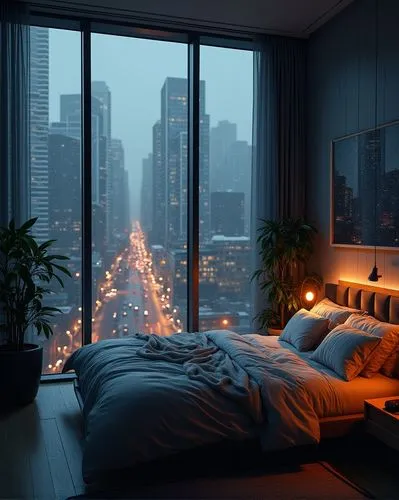 A bedroom with floor-to-ceiling windows overlooking the city, rain outside at night, a cozy bed, warm lighting, plants in the corner, a cyberpunk aesthetic, and skyscrapers outside the window.







