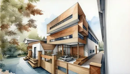 rendering of a house from outside near a waterway,prefab,modern house,cubic house,prefabricated,house drawing,residential house