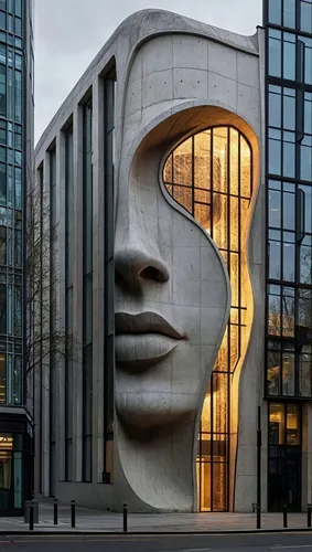 lights from the windows of the building changing to different colors,glass facade,steel sculpture,public art,glass facades,chancellery,glass building,sculptural,modern architecture,stone sculpture,fac