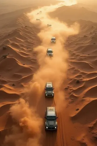 Aerial view of rugged desert terrain, convoy of off-road vehicles traversing sandy landscape, dramatic dust clouds billowing behind each vehicle, harsh arid environment, undulating dunes and depressio