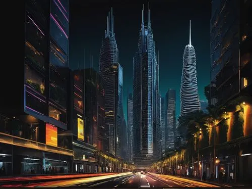 Modern City Metropolitan, futuristic skyscraper, sleek glass and steel structure, intricate details, neon lights illuminating the exterior, bustling city life, night scene, busy streets, cars and taxi