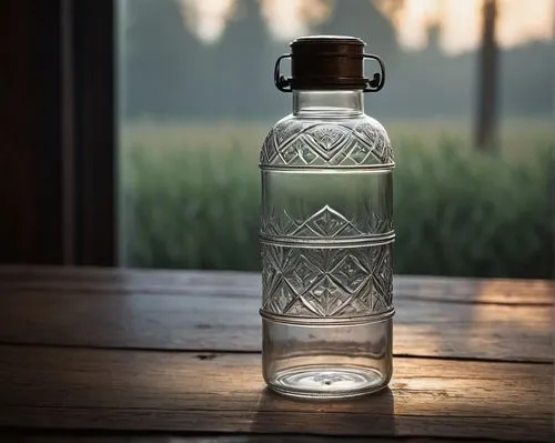 Antique water bottle, transparent glass, ornate metal lid, worn wooden table, dimly lit, vintage atmosphere, soft warm lighting, shallow depth of field, Dutch angle composition, still life, quiet ambi