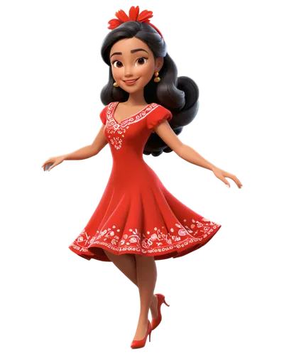 a woman in a red dress, dancing, by disney, trending on polycount, mexican folklore, painted as a game concept art, light skinned Latino young girl, highly detailed characters, modeling for dulce and 