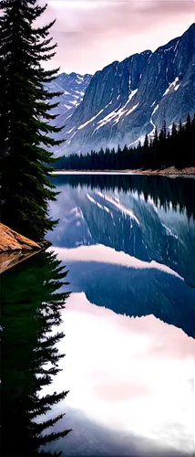 Mountain landscape, majestic peak, snow-capped, rugged terrain, misty atmosphere, evergreen trees, rocky cliffs, serene lake, reflection of mountain, panoramic view, dramatic lighting, cinematic compo