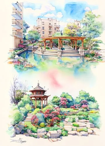 sake gardens,japanese garden,japan garden,park akanda,ginkaku-ji,sakura trees,landscape background,foliage coloring,japanese garden ornament,watercolor background,landscape plan,japanese floral backgr