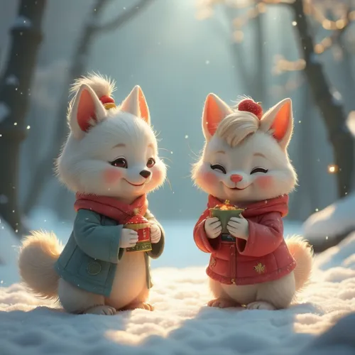 walking to camera smiling, turning their face to the camera, steam rising from the tea pots,two cute little foxes standing in the snow,christmas snowy background,snowcats,snow scene,winter background,