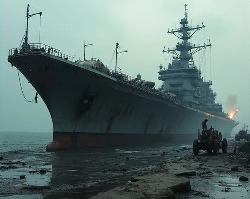 一艘正在充滿油汙,雜亂的軍港等待拆卸的航空母艦,馬頭有焊接工人在焊接,a big ship with some trucks in the foreground,severomorsk,kuznetsov,meshkov,toshkov,uss kitty hawk,fujima