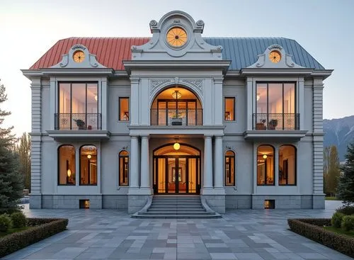 Photorealistic architectural visualization of a luxury 2-story square-shaped residental building. First floor height 5m with tall arched windows, second floor height 5m. Classical architectural style 