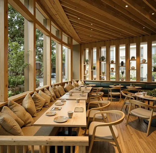 An elegant lounge with architectural wooden ribbing on the ceiling, creating an organic and modern atmosphere. The furniture includes minimalist chairs, a soft green sofa, and potted plants for a natu