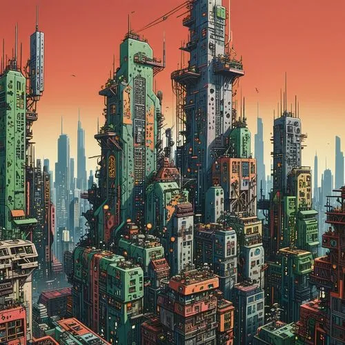 "A realistic cyberpunk futuristic architectural scene in the style of Lebbeus Woods. The scene depicts Asian city slum in a dystopian urban landscape with towering, deconstructed structures blending m