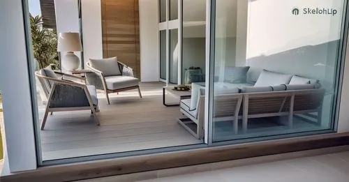 there is a living room outside of the sliding glass,smart home,glass wall,prefab,hallway space,transparent window,glass pane