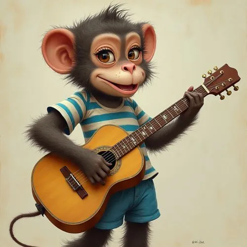 an anthropomorphic female monkey wearing shorts and a striped blue-and-white T-shirt with a guitar,a small monkey wearing a  shirt and holding a guitar,monkeys band,musical rodent,banjo player,monkey 