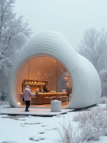 Coffee shop, inflatable soft house, glass wall, outdoor snowscape, flagship store, pop up store, creative store design, conceptual design, minimalist, organic ECO architecture, neo-futurism,a large wh