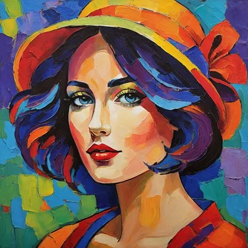 portrait,nielly,oil painting on canvas,fauvist,mousseau,italian painter,girl wearing hat,oil painting,pop art colors,pop art woman,fauvism,musidora,young woman,woman portrait,pop art style,pop art gir