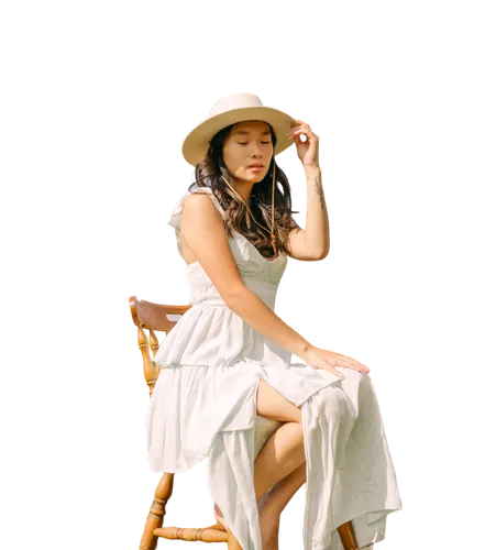 panama hat,vietnamese woman,sun hat,straw hat,girl on a white background,portrait background,high sun hat,sitting on a chair,asian woman,photo painting,yellow sun hat,japanese woman,png transparent,as