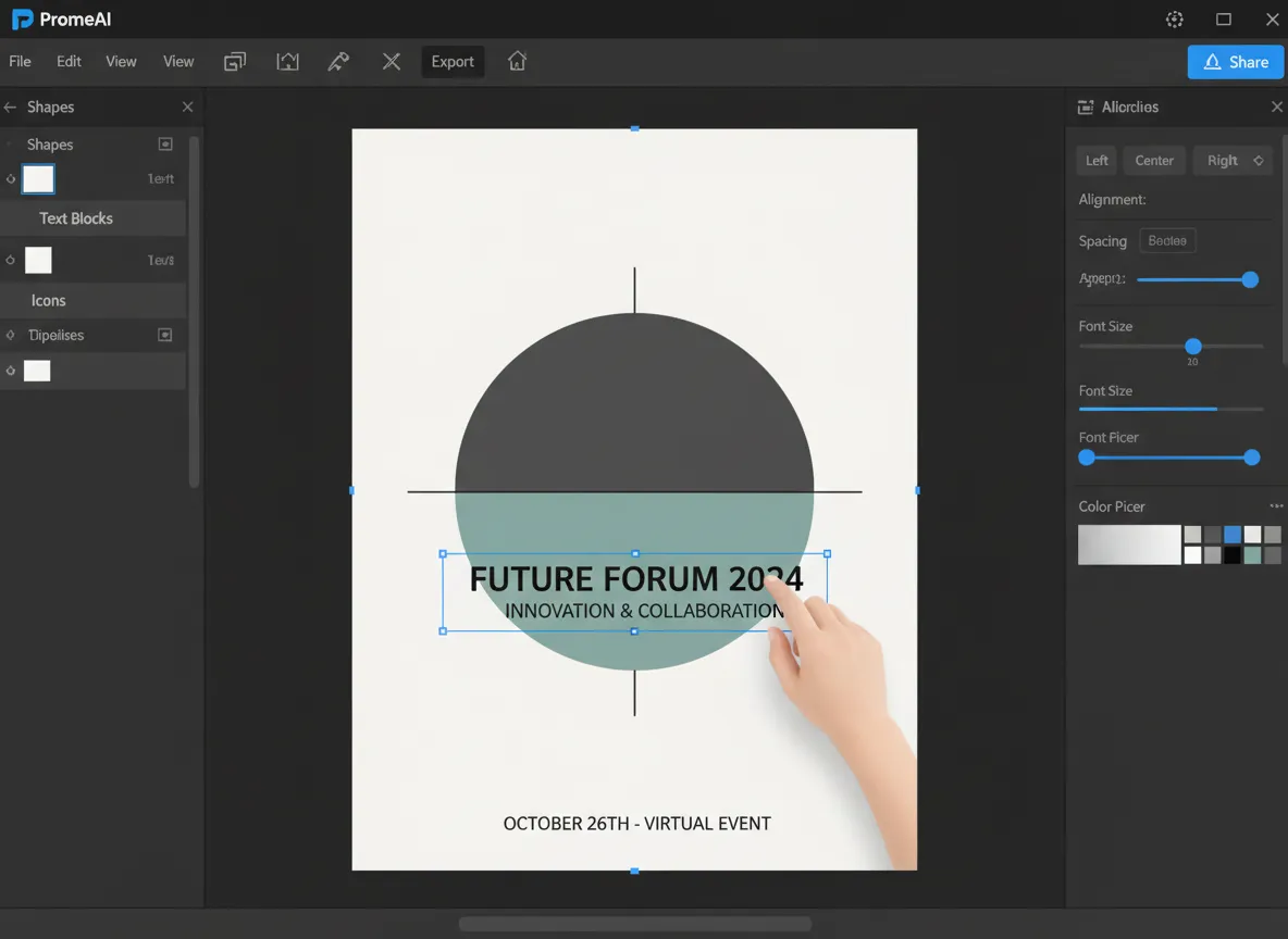 PromeAI-Benutzeroberfläche, die zeigt, wie ein Benutzer das Layout eines minimalistischen Posterdesigns für eine Firmenveranstaltung anpasst.