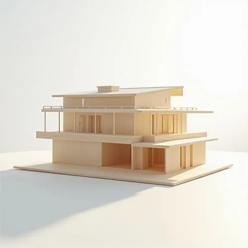 A wooden model of an architectural studio designed in the style of Kengo Kuma, against a white background. The sun is shining from the right side, casting light and shadow on the model, creating a min