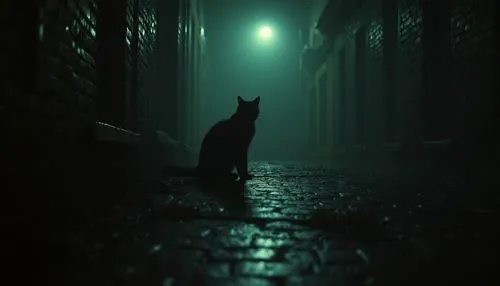 halloween random scene from horror movie,old cat,a black cat sitting on a stone floor in a dark alley,alleycat,alley cat,oscura,black cat,nacht,alley