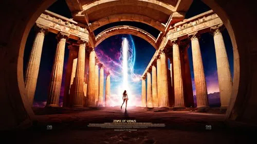 A solitary woman in a flowing white garment walks towards a radiant orb of energy suspended in the sky. The orb is a mesmerizing vortex of lightning bolts and shimmering light, its power radiating out