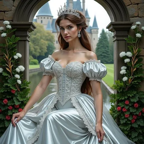 A photo-realistic shoot from a frontal camera angle about a beautiful woman in a silver wedding dress sitting elegantly in an archway surrounded by greenery, with a castle in the background. on the mi