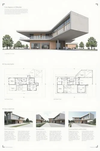A professional architectural presentation board with a Pure background and a clean, minimalist design layout. The board includes:

Top Section: On the top left, a photorealistic render of a contempora