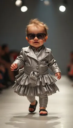 A chubby American 1 year old smiley baby girl with an extremely exaggerated baby fat body and chubby cheeks, wearing sunglasses, her round face and plump arms add to her cute and bold demeanour. She w
