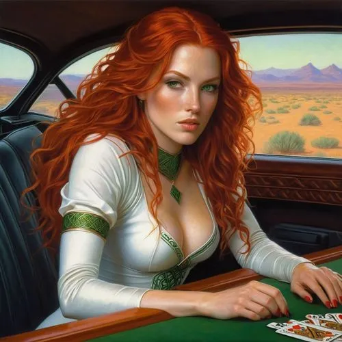 28 year old beautiful woman with red hair and green eyes.  She is a sorceress in a skin tight, low cut white body suit and uses playing cards with Celtic symbols on the car  for her magic.,a painting 