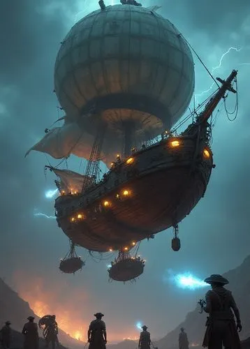 Hyper-realistic, cyberpunk illustration of an impressive hot air balloon fused with a pirate ship in a post-apocalyptic sky. The ship combines aged wood with industrial metal, exposed gears, turbines 